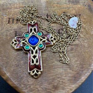 Vintage Cross Avon Marked Necklace long chain burgundy jewelry